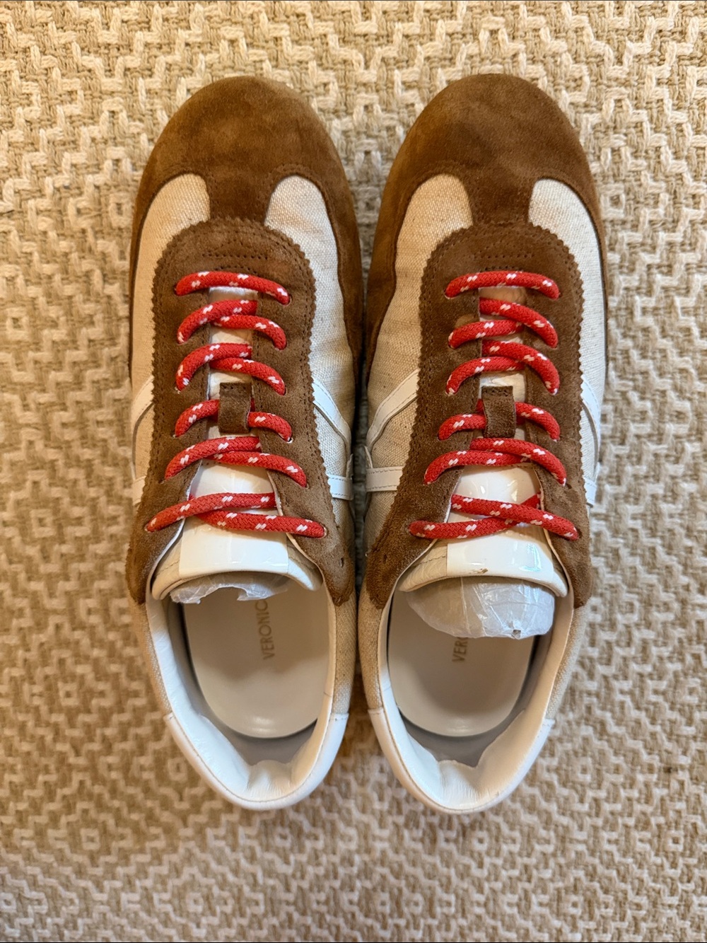 Veronica Beard Riviera Sneakers Brown Suede & White Patent with Red Laces